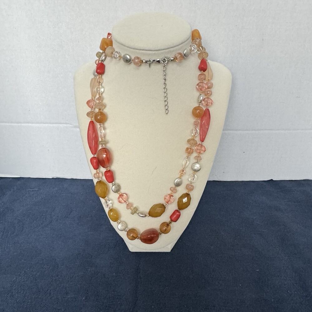Vintage Avon NR Beaded Necklace Orange Red‎ Beads Silvertone Chain Two Strand